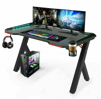 Gaming Desk with RGB Led Lights Headphone Hook Cup Holder